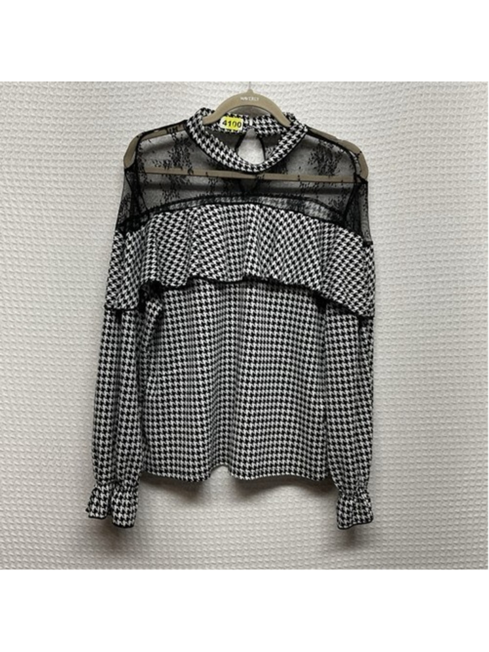 Shein Curve Houndstooth Lace Shoulder High Neck Long Slv Blouse Women 4XL Flawed